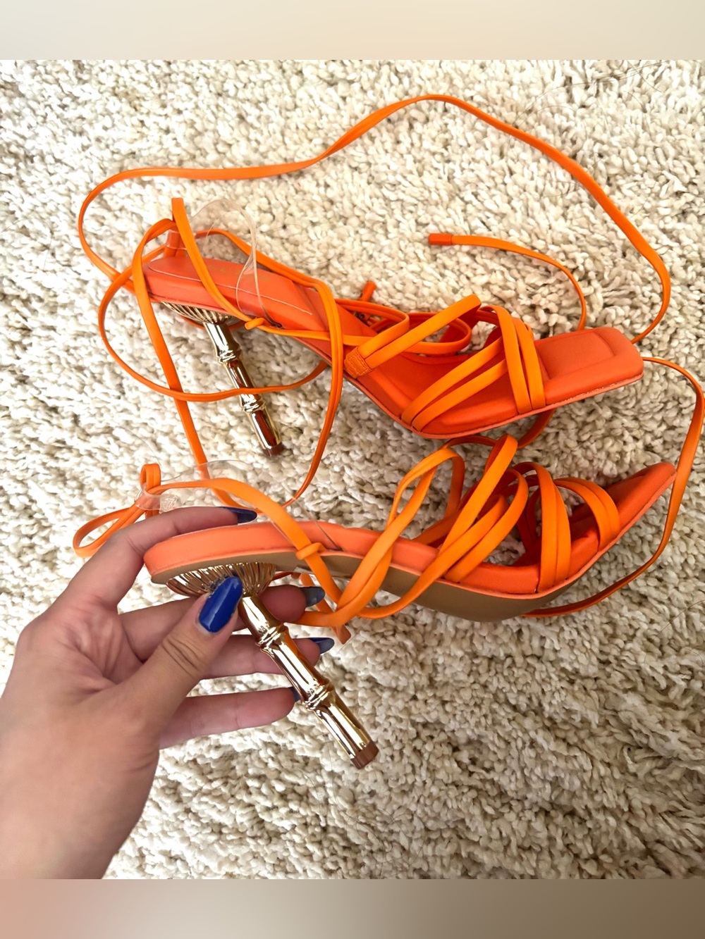 Orange Strappy Lace-Up Gold Bamboo Heeled Stiletto Sandals